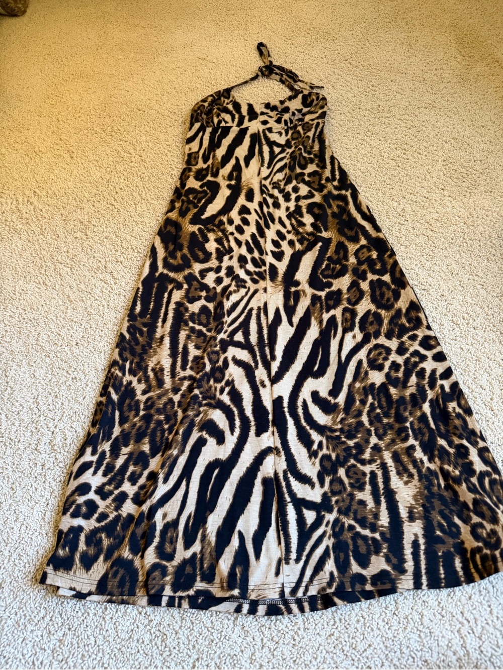 Women's Animal Print Halter Maxi Dress - Tan & Black